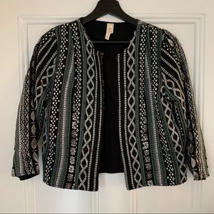 Woven Print Cropped Jacket black and teal